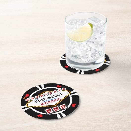 日付のラスベガスの結婚式のポーカー用のチップを救って下さい ラウンドペーパーコースター (インサイチュ)
