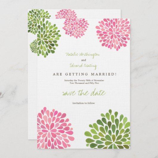 日付のリネンピンク及び緑の花の開花を救って下さい セーブザデート (正面/裏面)