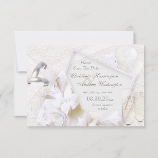 日付のリングや輪と結婚シャンパンフルートを保存 セーブザデート (裏面)