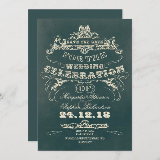 日付のヴィンテージのタイポグラフィの平らなカード招待を救って下さい セーブザデート (正面/裏面)