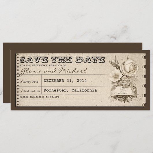 日付のヴィンテージのチケットの招待状を救って下さい セーブザデート (正面/裏面)