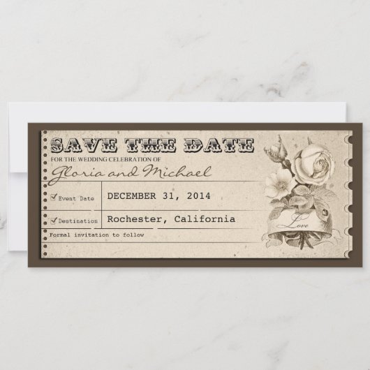 日付のヴィンテージのチケットの招待状を救って下さい セーブザデート (正面)