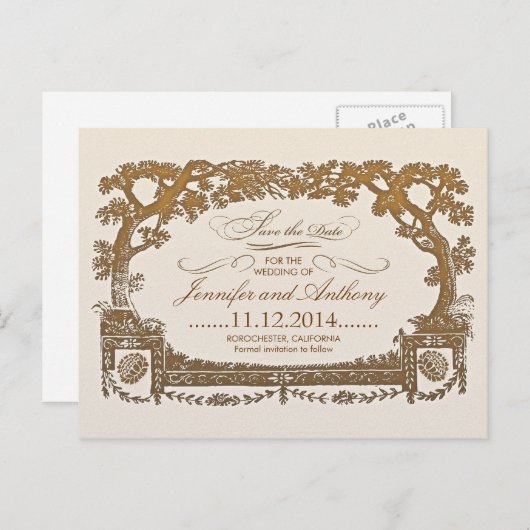 日付のヴィンテージツリーのタイポグラフィ葉書を保存する 案内ポストカード (正面/裏面)