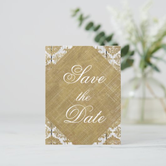 日付のヴィンテージ金ゴールドダマスクと木材を保存 案内ポストカード (スタンド正面)