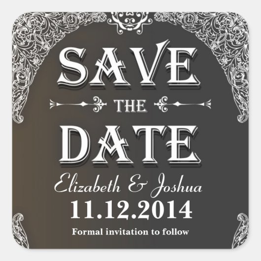 日付のヴィンテージdamaskスタンプを保存する スクエアシール (正面)