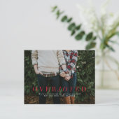 日付の休日の写真はがきを保存する大喜び赤 案内ポストカード (スタンド正面)