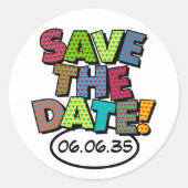 日付の保存おもしろいレトロ漫画ブックアーポップ・アートのト ラウンドシール (正面)