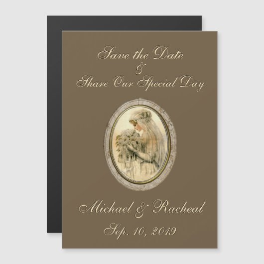 日付の保存アンティーク花嫁チョコレート マグネット招待状 (正面/裏面)