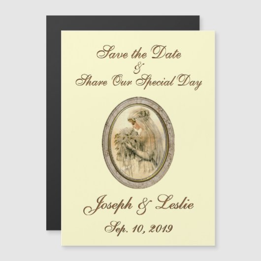 日付の保存アンティーク花嫁 マグネット招待状 (正面/裏面)