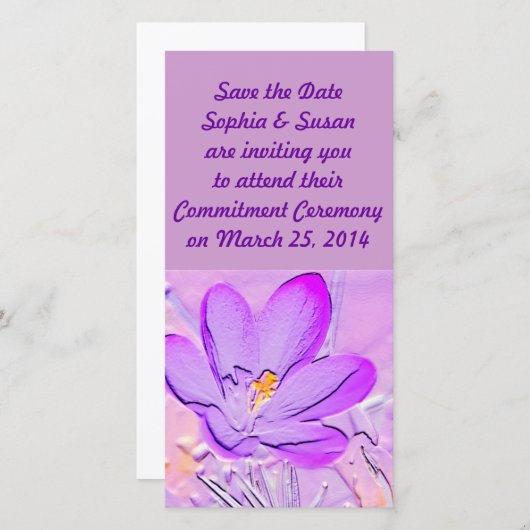 日付の保存エンボス紫クロッカスカード セーブザデート (正面/裏面)