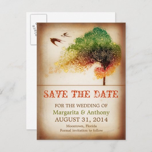 日付の保存カラフルラブツリーヴィンテージポストカード 案内ポストカード (正面/裏面)