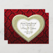 日付の保存グリッターハート金ゴールドモダンレース赤 案内ポストカード (正面/裏面)
