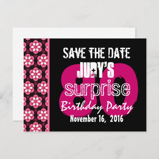 日付の保存サプライズ80thパーティーピンクフローラV009 案内ポストカード (正面/裏面)