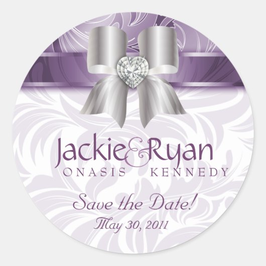 日付の保存ステッカーリーフフローラパープルボウ ラウンドシール (正面)