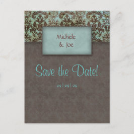 日付の保存ターコイズ茶色のダマスク葉書2 案内ポストカード