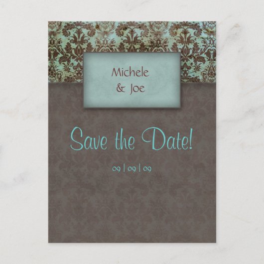 日付の保存ターコイズ茶色のダマスク葉書2 案内ポストカード (正面)