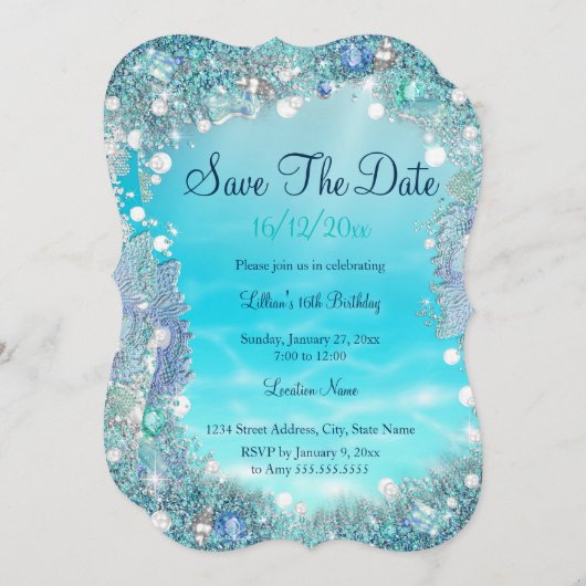 日付の保存ティール(緑がかった色)ブルーウォーター海真珠 セーブザデート (正面/裏面)