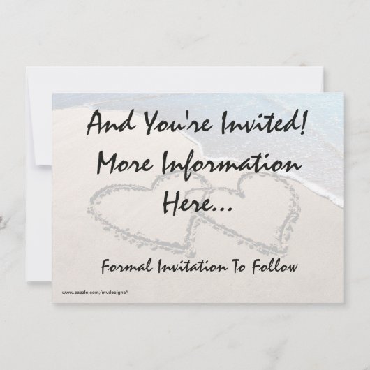 日付の保存ハートとビーチ結婚式招待状 セーブザデート (裏面)