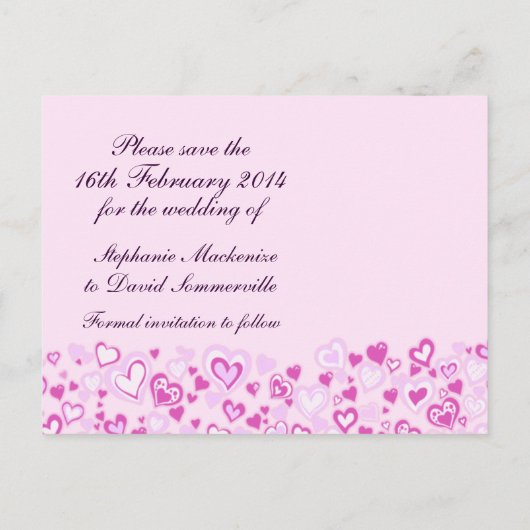 日付の保存ハートと弓ピンクパープルカード 案内ポストカード (裏面)