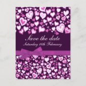 日付の保存ハートと弓ピンクパープルカード 案内ポストカード (正面)