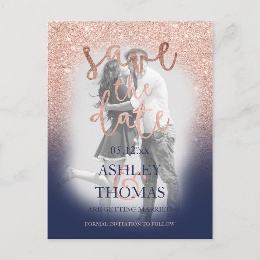 日付の保存バラ金ゴールドグリッターネイビースクリプト写真 案内ポストカード (正面)