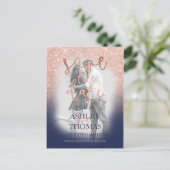 日付の保存バラ金ゴールドグリッターネイビースクリプト写真 案内ポストカード (スタンド正面)