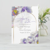日付の保存パープルエキゾチックフローラ 招待状 (スタンド正面)