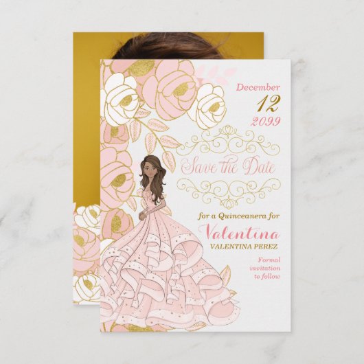 日付の保存ピンクの金ゴールドキンセアニェラフローラ セーブザデート (正面/裏面)