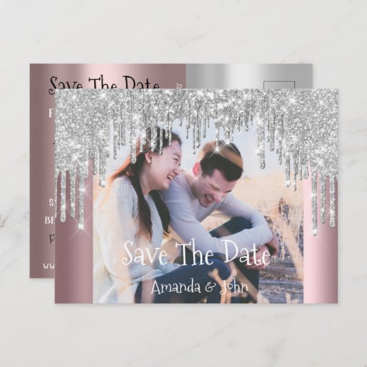 日付の保存フォトグリッター婚約バラ灰色 案内ポストカード (正面/裏面)