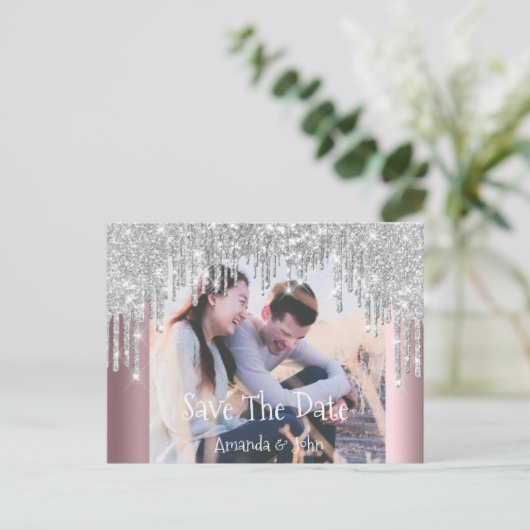 日付の保存フォトグリッター婚約バラ灰色 案内ポストカード (スタンド正面)