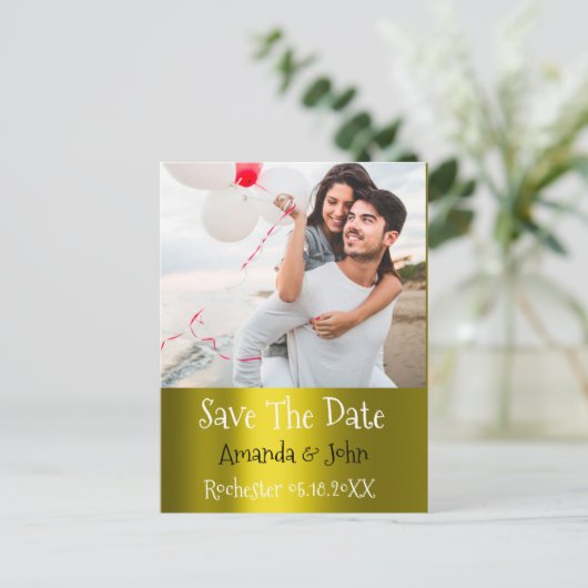 日付の保存フォトドードル婚約マスタードグレイ 案内ポストカード (スタンド正面)