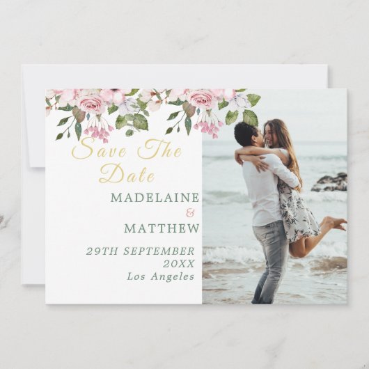 日付の保存フォト金ゴールドフローラエレガントな結婚式 セーブザデート (正面)