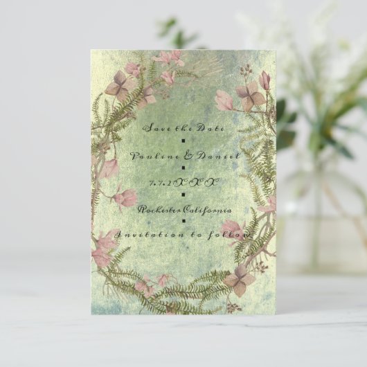 日付の保存フローラコテージオールドミントピンクブルー セーブザデート (スタンド正面)