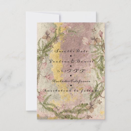 日付の保存フローラコテージリネンミントピンク金ゴールド セーブザデート (正面)