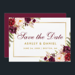 日付の保存フローラバーガンディ金ゴールドBB セーブザデート<br><div class="desc">水彩フローラブルゴーニュMarsala金ゴールド日付婚約カードを保存 – ブルゴーニュ文字- Burgundy Back</div>