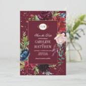 日付の保存ブルゴーニュ |ネイビーブルーフローラ結婚ズ 招待状 (スタンド正面)