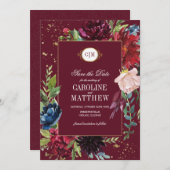 日付の保存ブルゴーニュ |ネイビーブルーフローラ結婚ズ 招待状 (正面/裏面)