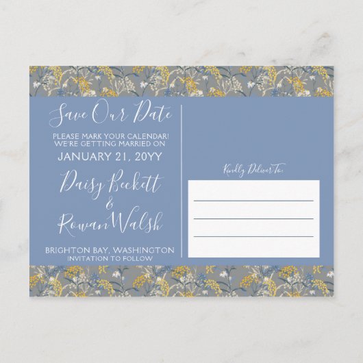 日付の保存ボタニカルデイジーフローラフォトコラージュ 案内ポストカード (裏面)