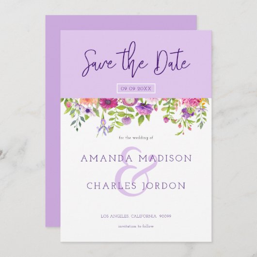 日付の保存モダンタイポグラフィ&花カラフル花 招待状 (正面/裏面)