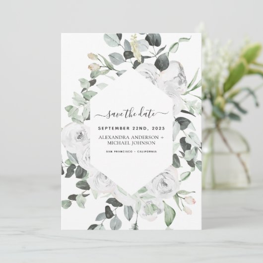 日付の保存ユーカリプスホワイトフローラ緑 招待状 (スタンド正面)