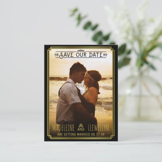 日付の保存レトロブラック金ゴールド結婚デコの写真 案内ポストカード (スタンド正面)