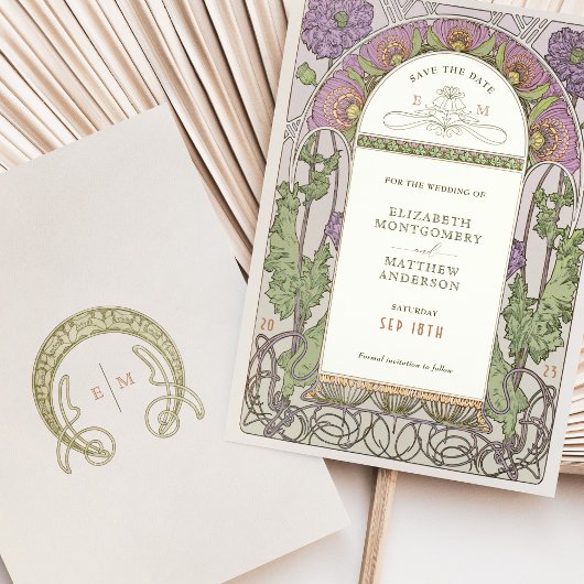 日付の保存ヴィンテージアールヌーボーによるミュシャ入力 招待状