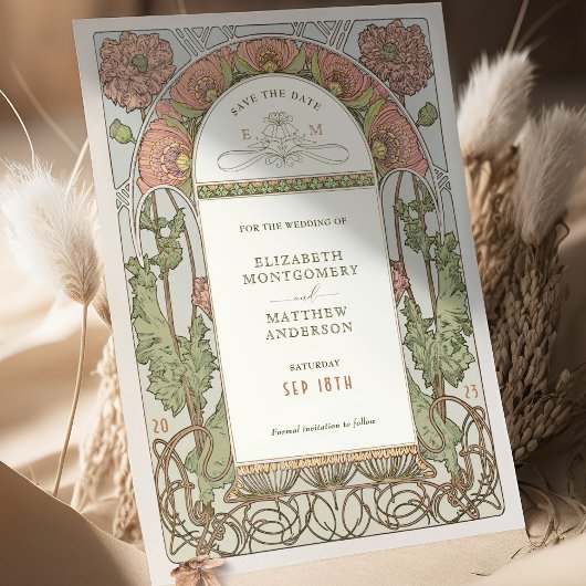 日付の保存ヴィンテージアールヌーボーミュシャ 招待状