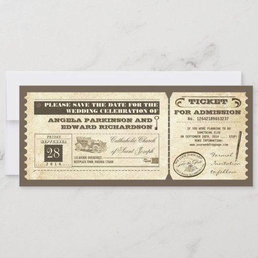 日付の保存ヴィンテージチケットデザイン セーブザデート (正面)