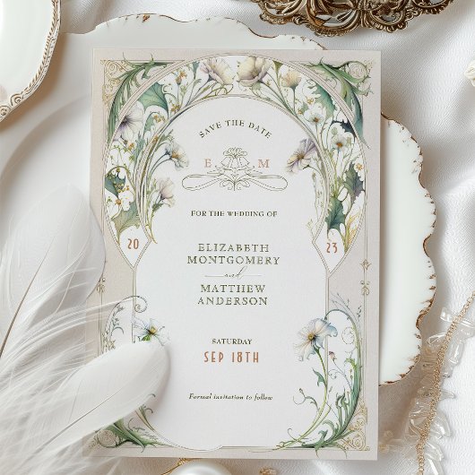 日付の保存ヴィンテージデイジーアールヌーボーミュシャ 招待状