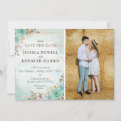 日付の保存素朴ターコイズフローラ4-Photo Card 招待状 (正面)