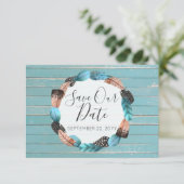 日付の保存素朴ターコイズ羽毛防帆矢印 招待状 (スタンド正面)