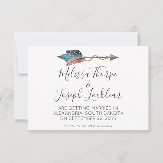 日付の保存素朴ターコイズ羽毛防帆矢印 招待状 (裏面)