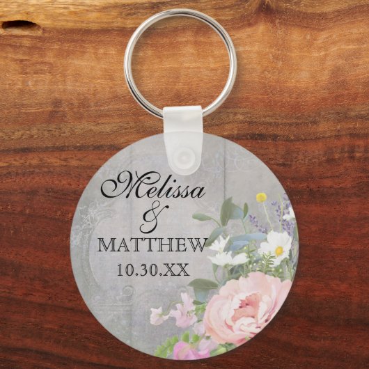 日付の保存結婚式の引き出物素朴木材フローラ キーホルダー (正面)