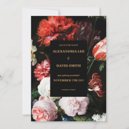 日付の保存結婚式招待状濃い赤フローラ セーブザデート